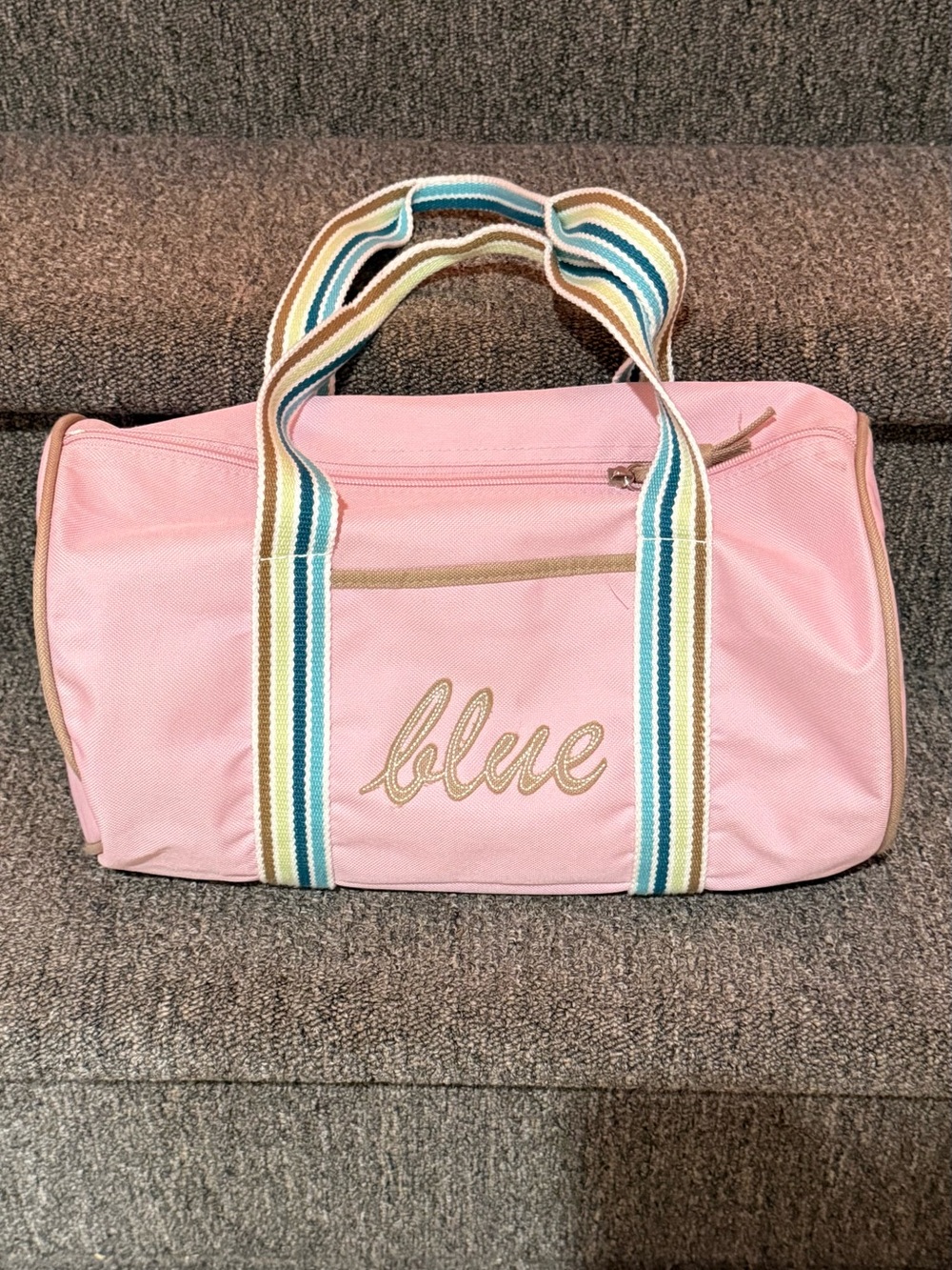 Pink Striped-Handle Weekender Bag - 'blue' Embroidery